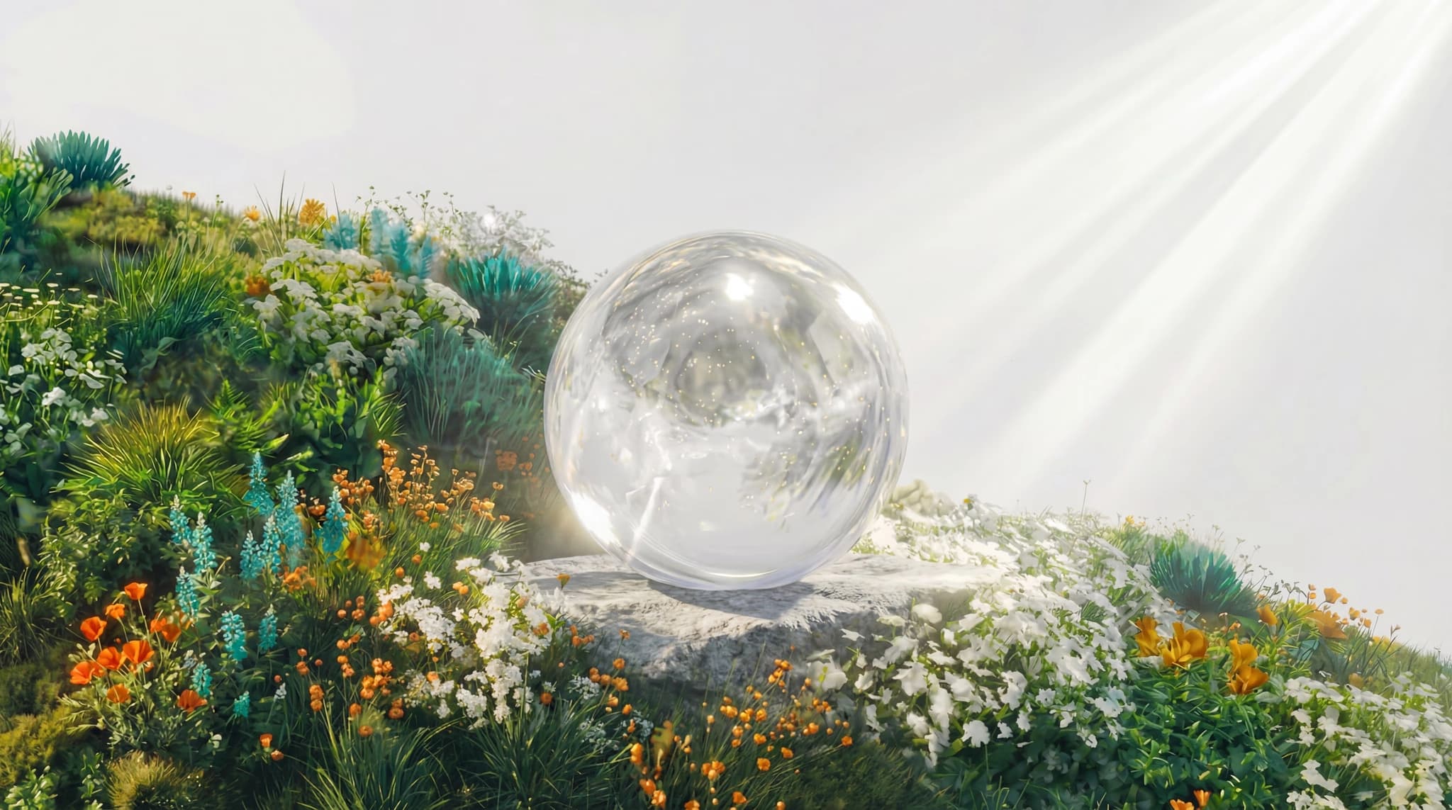Perplexity wordmark over a glass sphere in a sunlit wildflower meadow